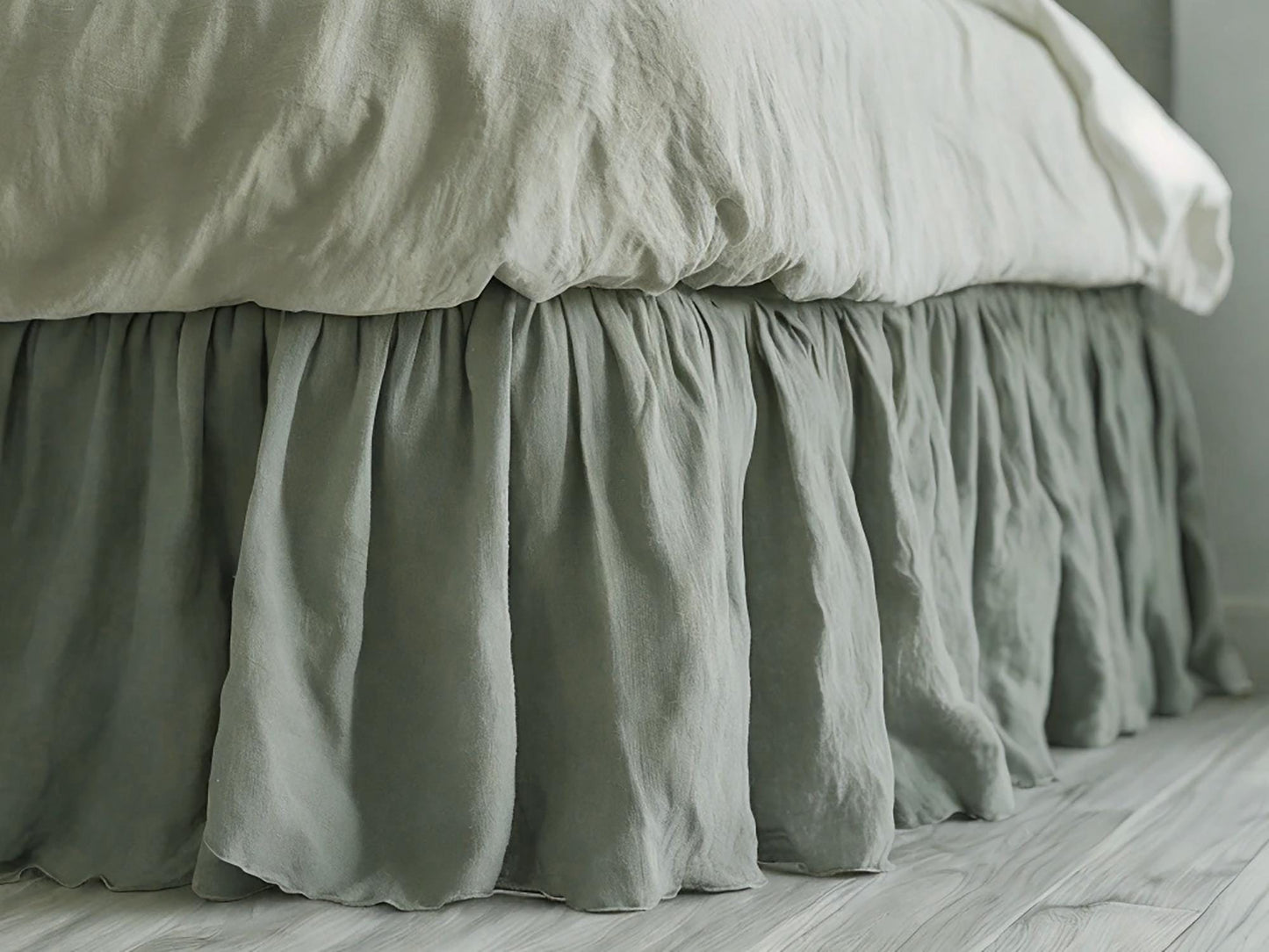 Sage linen ruffled bed skirt Soft Gathered Dust Ruffle Linen Dust Ruffle with Soft Gathered Edges