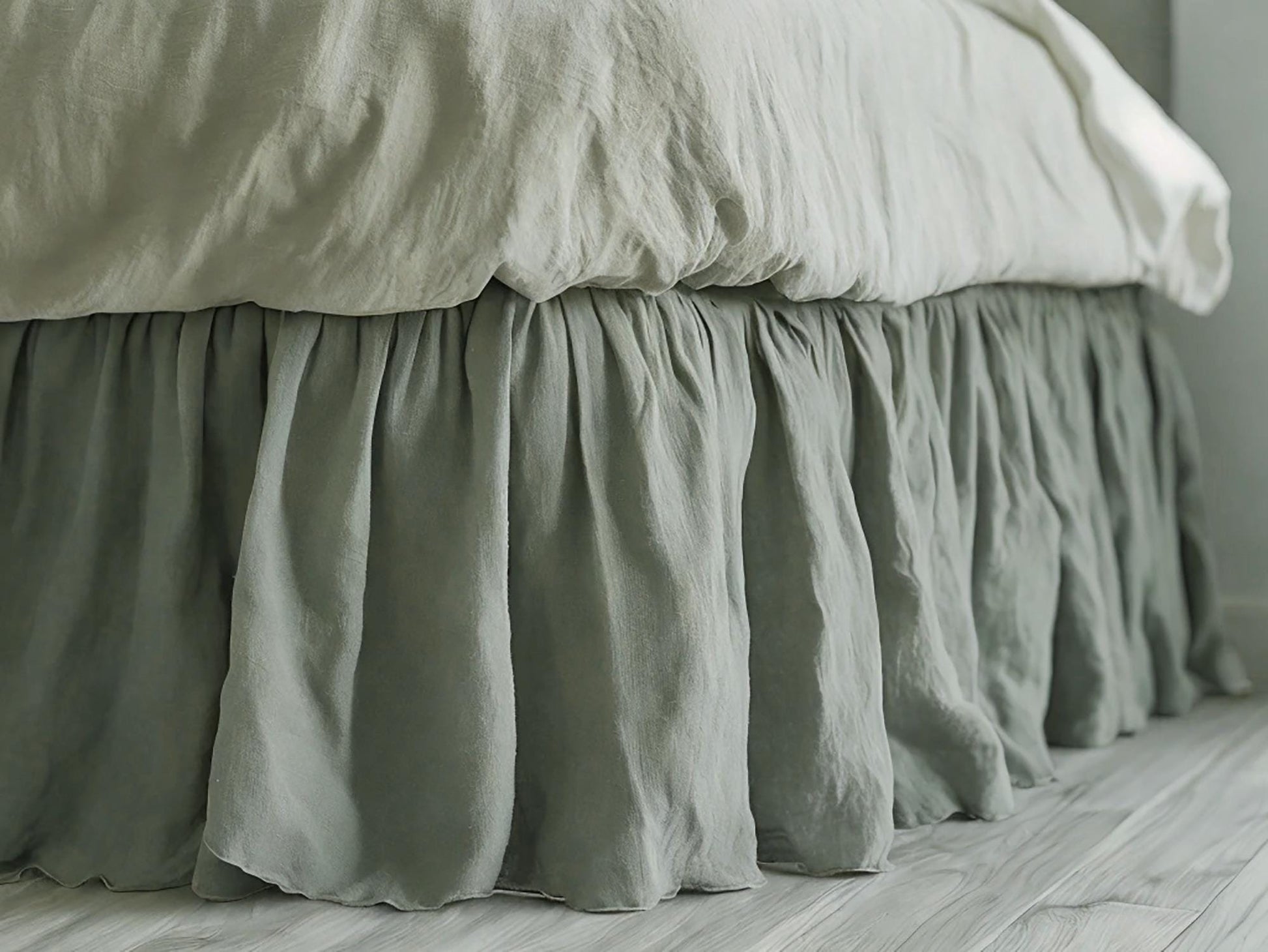 Sage linen ruffled bed skirt Soft Gathered Dust Ruffle Linen Dust Ruffle with Soft Gathered Edges
