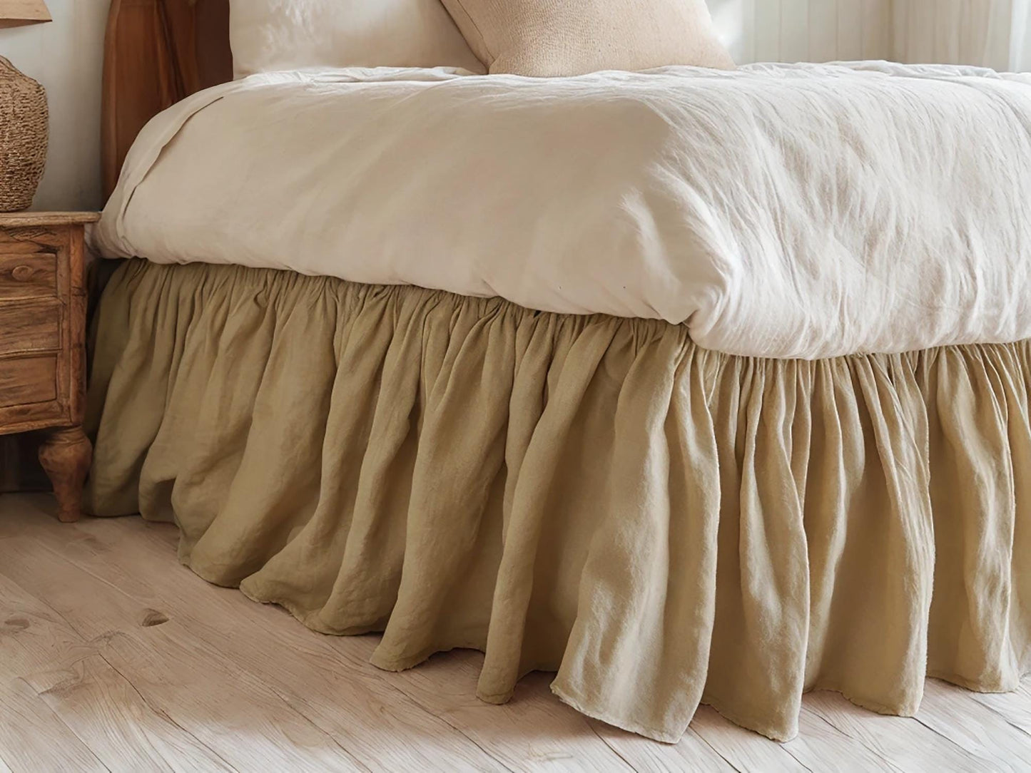 Caramel linen ruffled bed skirt Soft Gathered Dust Ruffle Linen Dust Ruffle with Soft Gathered Edges