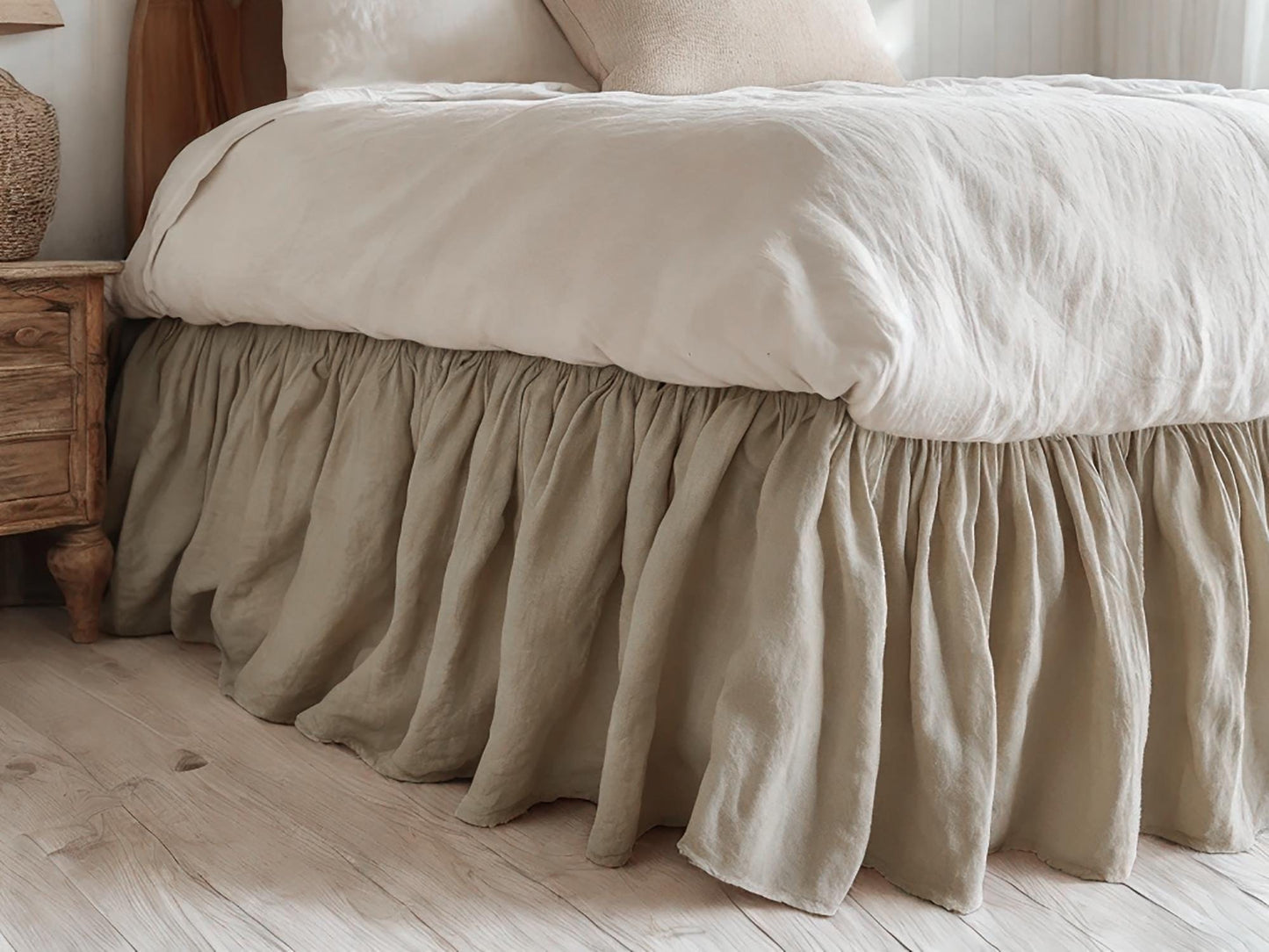 Oat linen ruffled bed skirt Soft Gathered Dust Ruffle Linen Dust Ruffle with Soft Gathered Edges