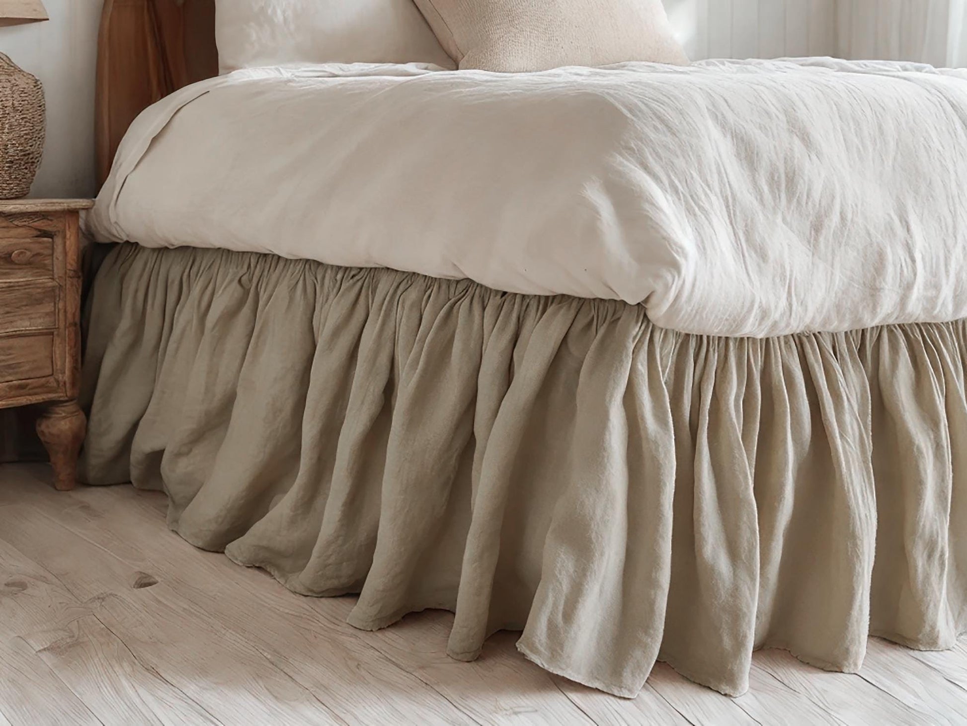 Oat linen ruffled bed skirt Soft Gathered Dust Ruffle Linen Dust Ruffle with Soft Gathered Edges