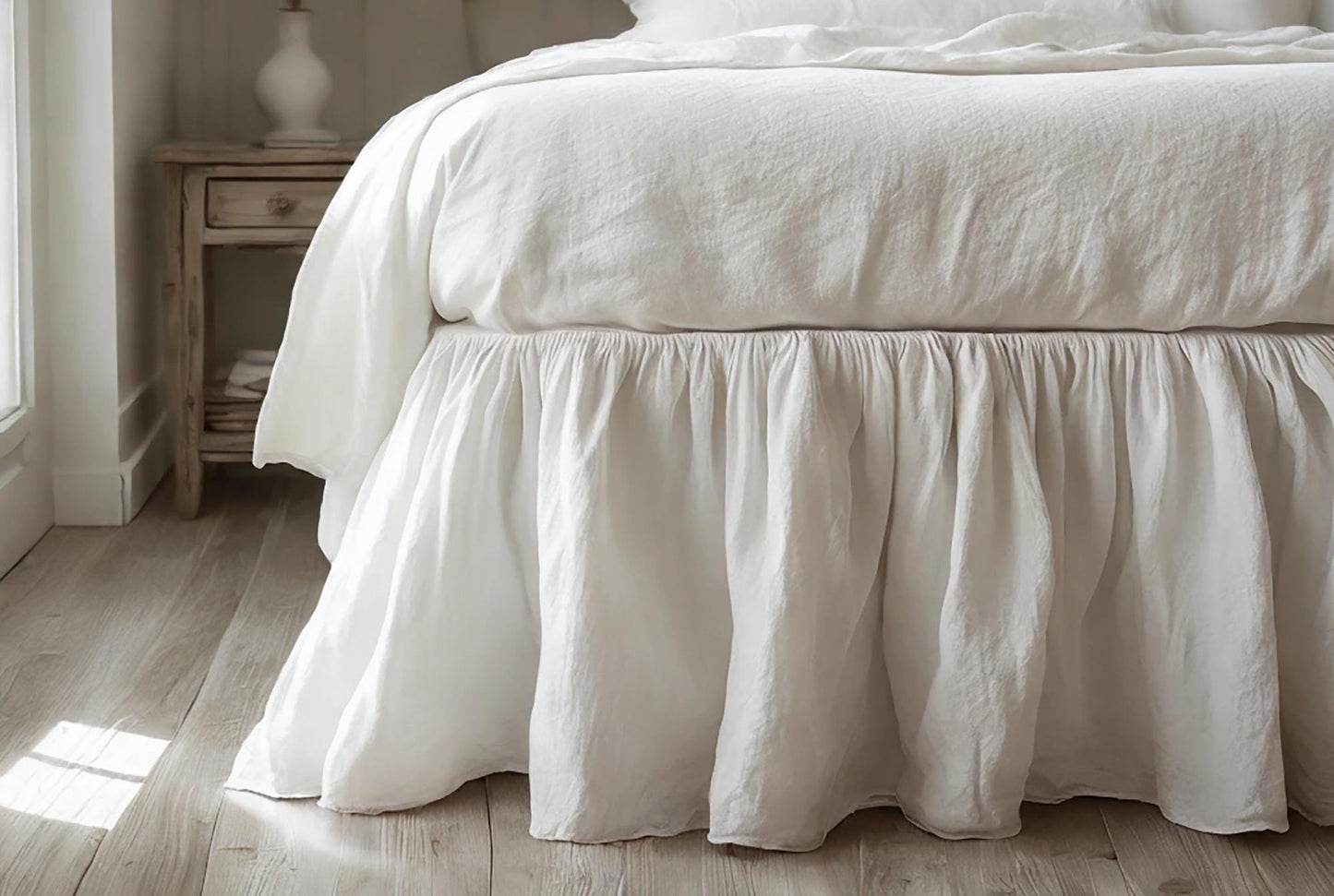 White linen ruffled bed skirt Soft Gathered Dust Ruffle Linen Dust Ruffle with Soft Gathered Edges
