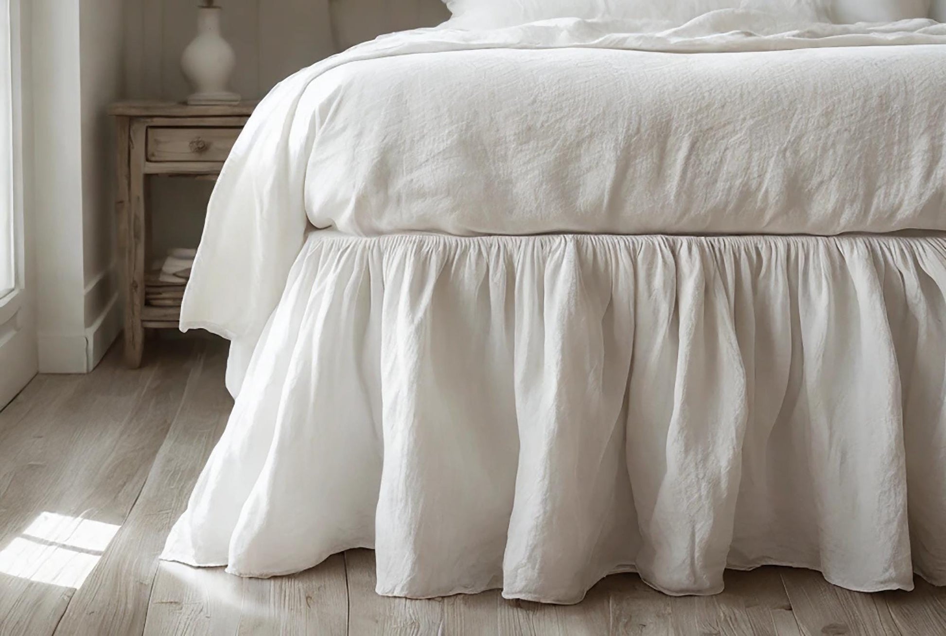 White linen ruffled bed skirt Soft Gathered Dust Ruffle Linen Dust Ruffle with Soft Gathered Edges