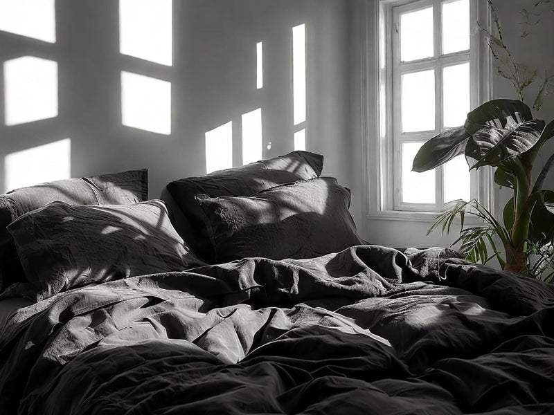 Black Linen Bedding Set Rustic Duvet Cover and 2 Pillowcases Soft Medium Weight Bedding, Stonewashed Comfort