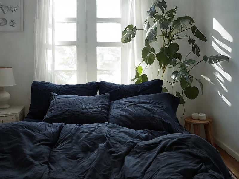 Navy Linen Bedding Set Rustic Duvet Cover and 2 Pillowcases Soft Medium Weight Bedding, Stonewashed Comfort