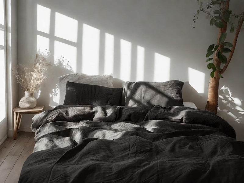 Charcoal Linen Bedding Set Rustic Duvet Cover and 2 Pillowcases Soft Medium Weight Bedding, Stonewashed Comfort