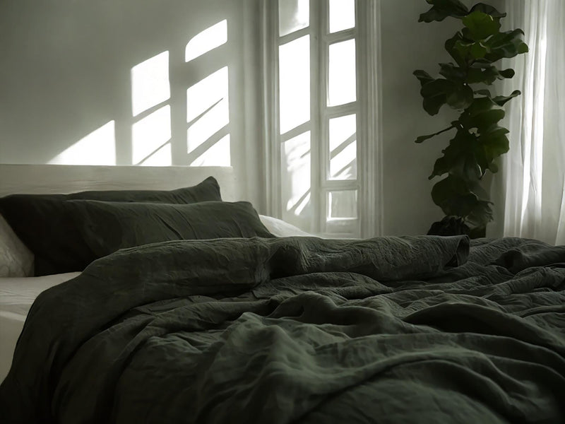 Charcoal green Linen Bedding Set Rustic Duvet Cover and 2 Pillowcases Soft Medium Weight Bedding, Stonewashed Comfort