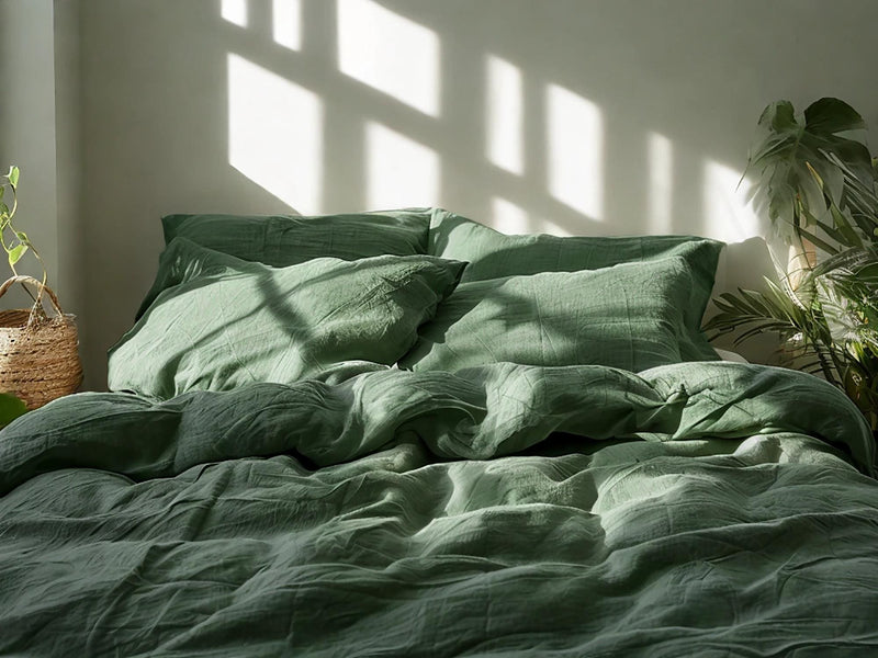 Fern Linen Bedding Set Rustic Duvet Cover and 2 Pillowcases Soft Medium Weight Bedding, Stonewashed Comfort