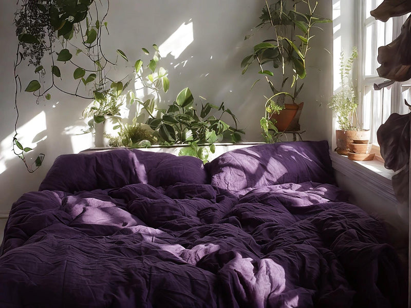 Violet Linen Bedding Set Rustic Duvet Cover and 2 Pillowcases Soft Medium Weight Bedding, Stonewashed Comfort