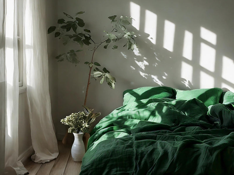 Verdant Linen Bedding Set Rustic Duvet Cover and 2 Pillowcases Soft Medium Weight Bedding, Stonewashed Comfort