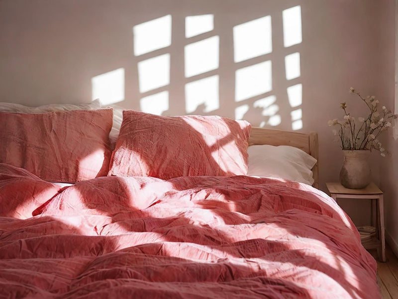 Coral Linen Bedding Set Rustic Duvet Cover and 2 Pillowcases Soft Medium Weight Bedding, Stonewashed Comfort