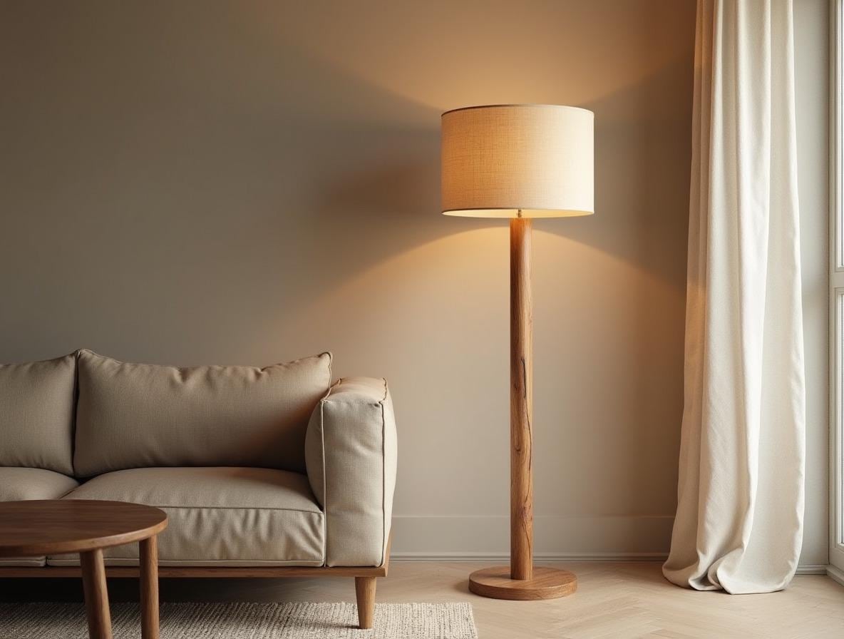Wooden Floor Lamp, Beige Standing Light, Rustic Japandi Oak Lamp For Corner, Handmade Nordic Home Decor Lighting, Gift Idea For Home