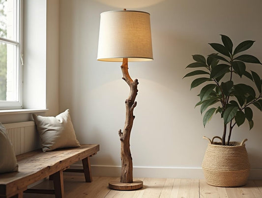 Modern Wooden Floor Lamp, Japandi Beige Light, Rustic Brown Oak Lamp For Living Room, Handmade Scandinavian Decor, Unique Gift Idea