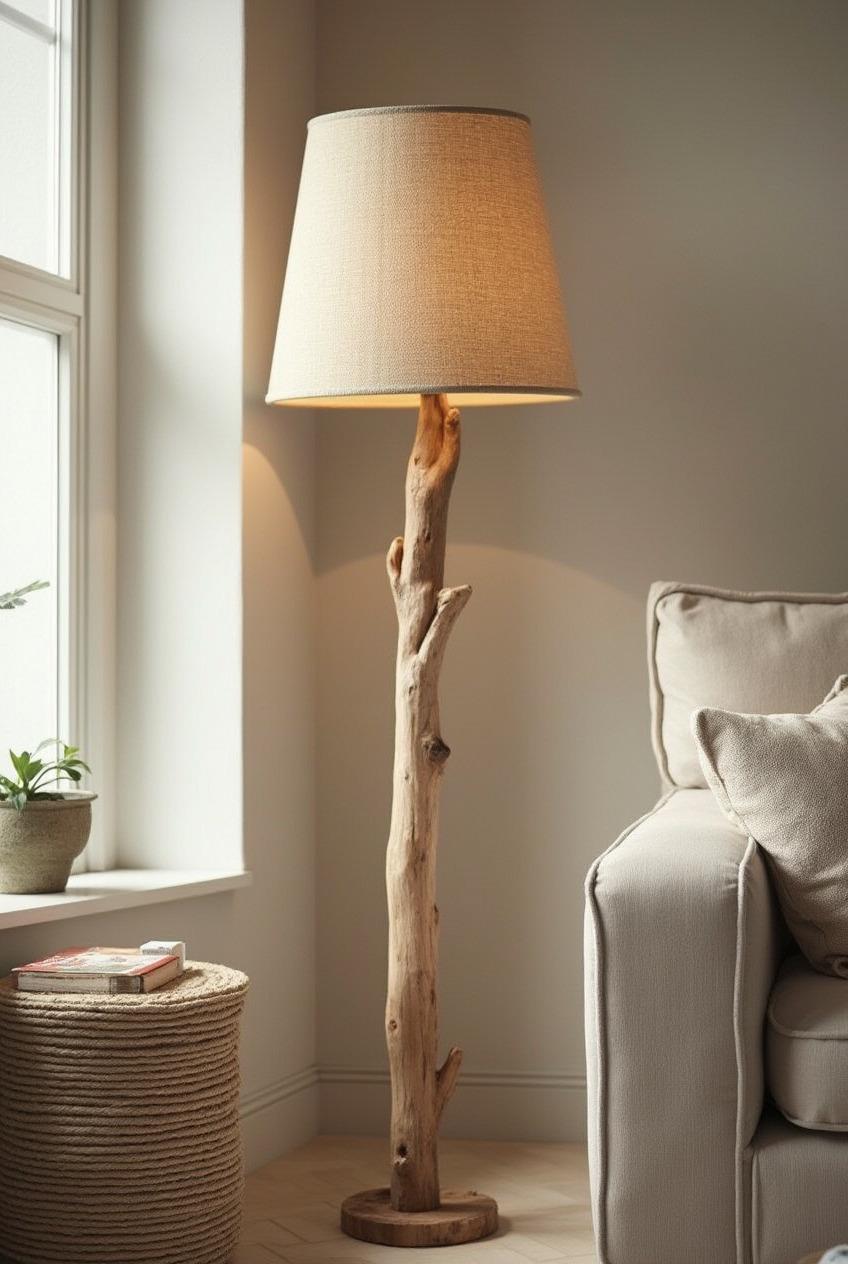 Modern Wooden Floor Lamp, Japandi Beige Light, Rustic Brown Oak Lamp For Living Room, Handmade Scandinavian Decor, Unique Gift Idea