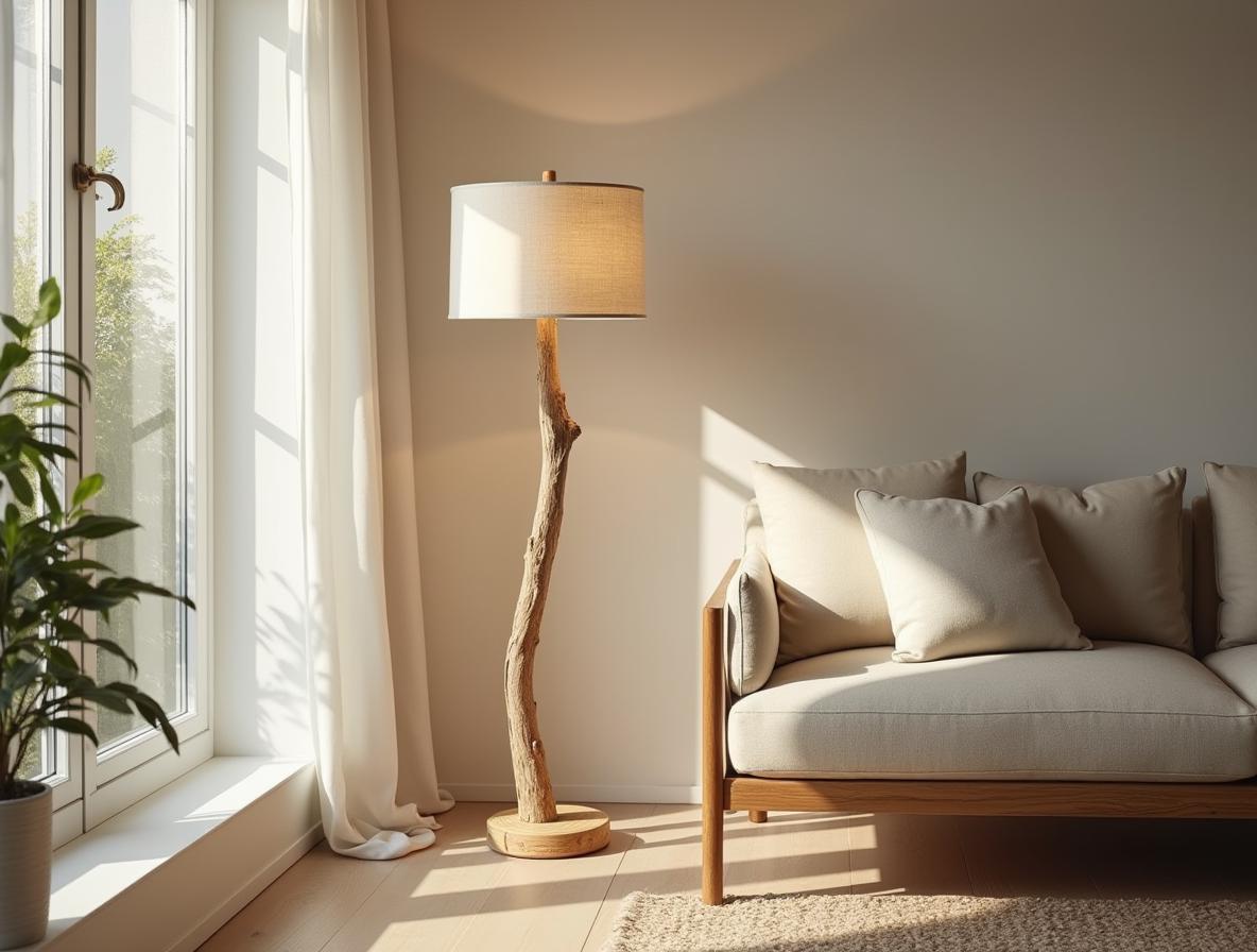 Modern Wooden Floor Lamp, Japandi Beige Light, Rustic Brown Oak Lamp For Living Room, Handmade Scandinavian Decor, Unique Gift Idea