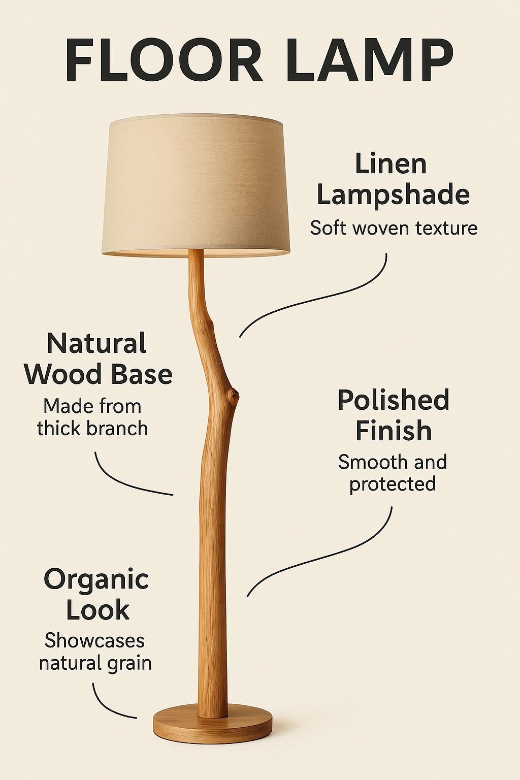 Modern Wooden Floor Lamp, Japandi Beige Light, Rustic Brown Oak Lamp For Living Room, Handmade Scandinavian Decor, Unique Gift Idea