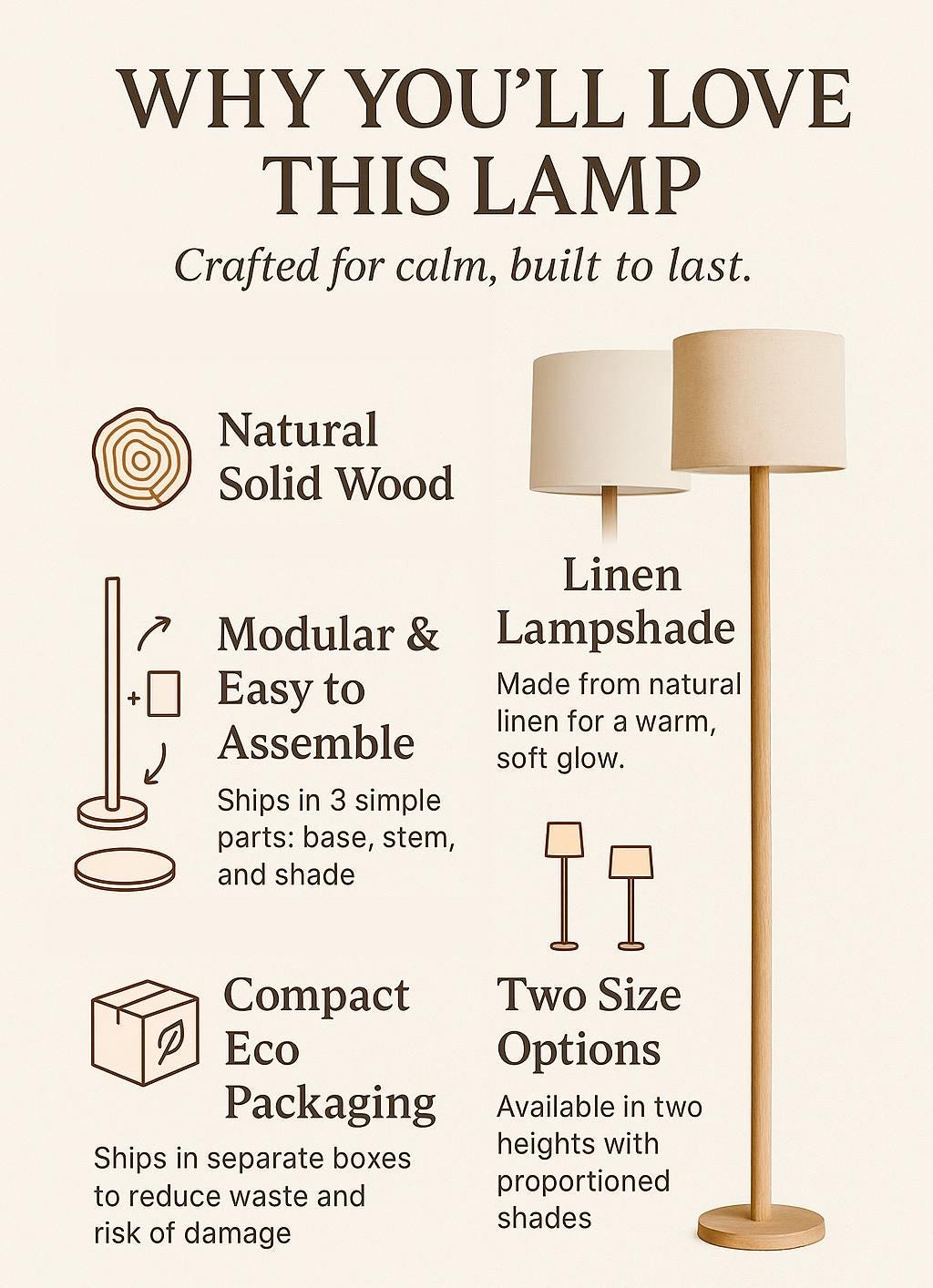 Handmade Natural Oak Floor Lamp, Japandi Rustic Style, Wooden Standing Light For Home Office, Nordic Interior Decor, Cozy Gift Idea