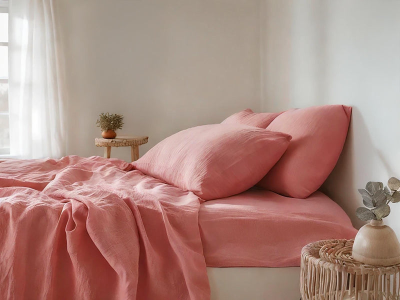 Coral linen sheet set 1 flat sheet and 1 fitted sheet and 2 pillowcases Stonewashed 100% Flax Linen Set