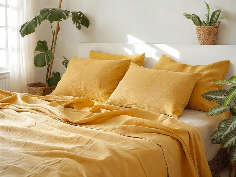 Marigold linen sheet set 1 flat sheet and 1 fitted sheet and 2 pillowcases Stonewashed 100% Flax Linen Set