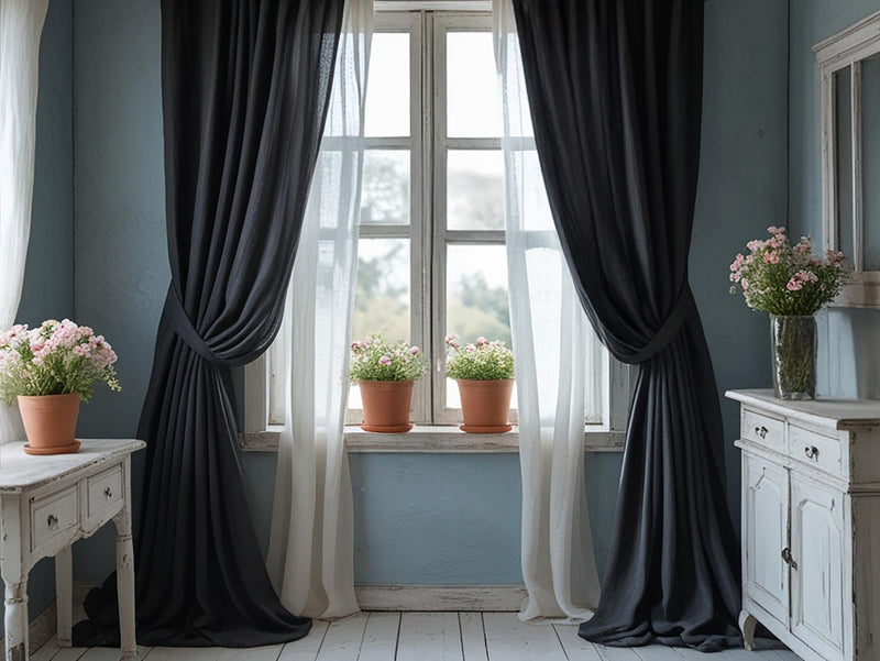 Black linen curtain Rustic Natural Drapes pair blackout or regular, medium-weight, with optional cotton lining, custom sizing available