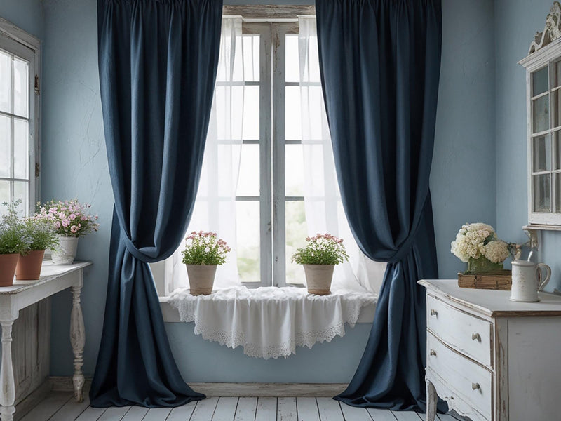 Navy linen curtain Rustic Natural Drapes pair blackout or regular, medium-weight, with optional cotton lining, custom sizing available