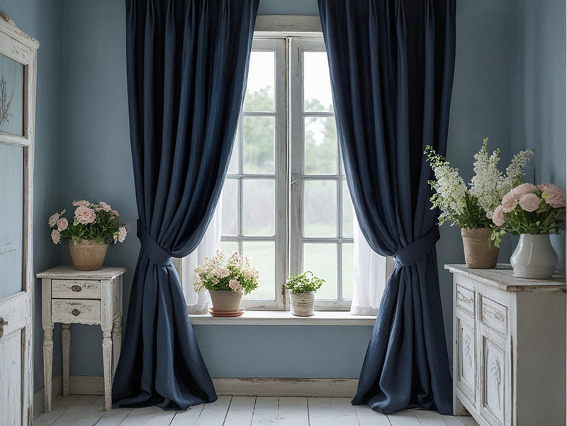 Navy linen curtain Rustic Natural Drapes pair blackout or regular, medium-weight, with optional cotton lining, custom sizing available
