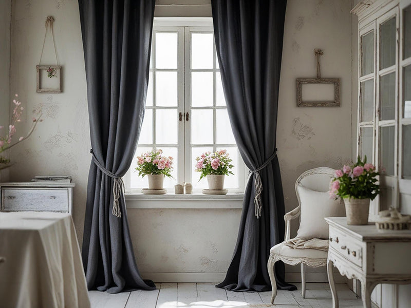 Charcoal linen curtain Rustic Natural Drapes pair blackout or regular, medium-weight, with optional cotton lining, custom sizing available