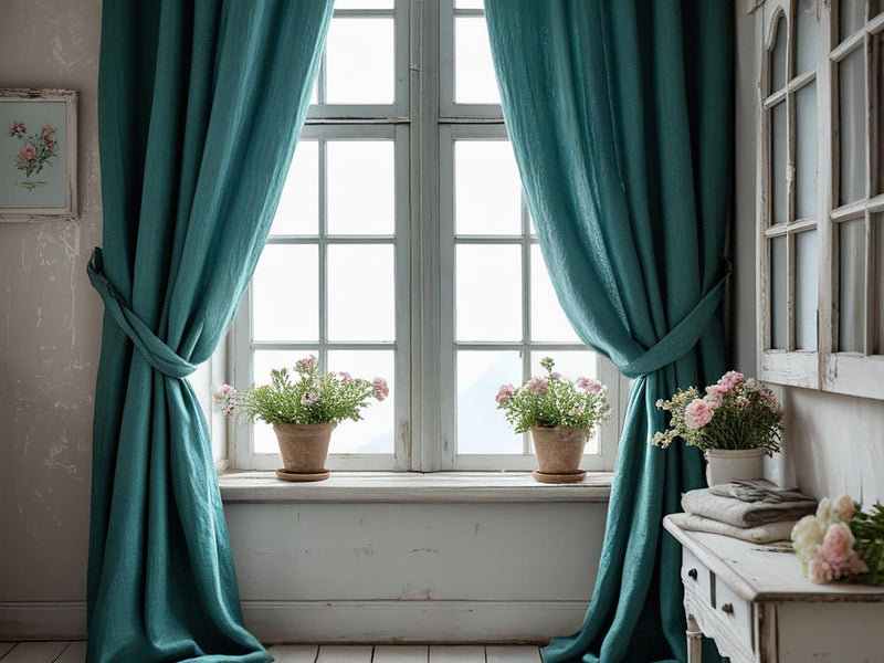 Teal linen curtain Rustic Natural Drapes pair blackout or regular, with optional cotton lining, custom sizing available