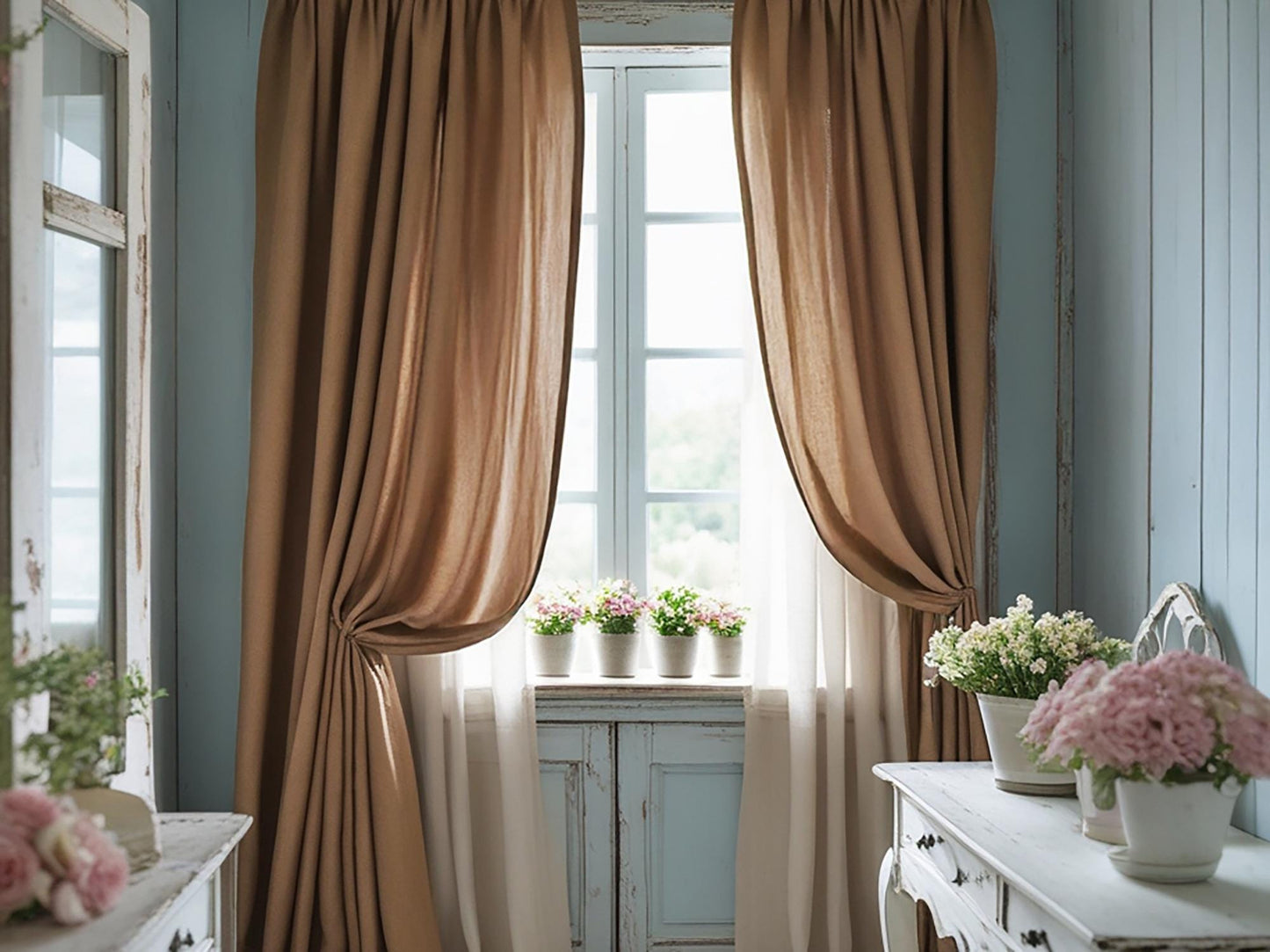 Almond linen curtain Rustic Natural Drapes pair blackout or regular, medium-weight, with optional cotton lining, custom sizing available
