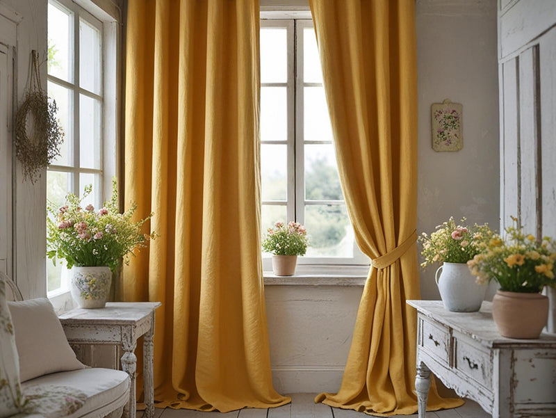 Marigold linen curtain Rustic Natural Drapes pair blackout or regular, with optional cotton lining, custom sizing available
