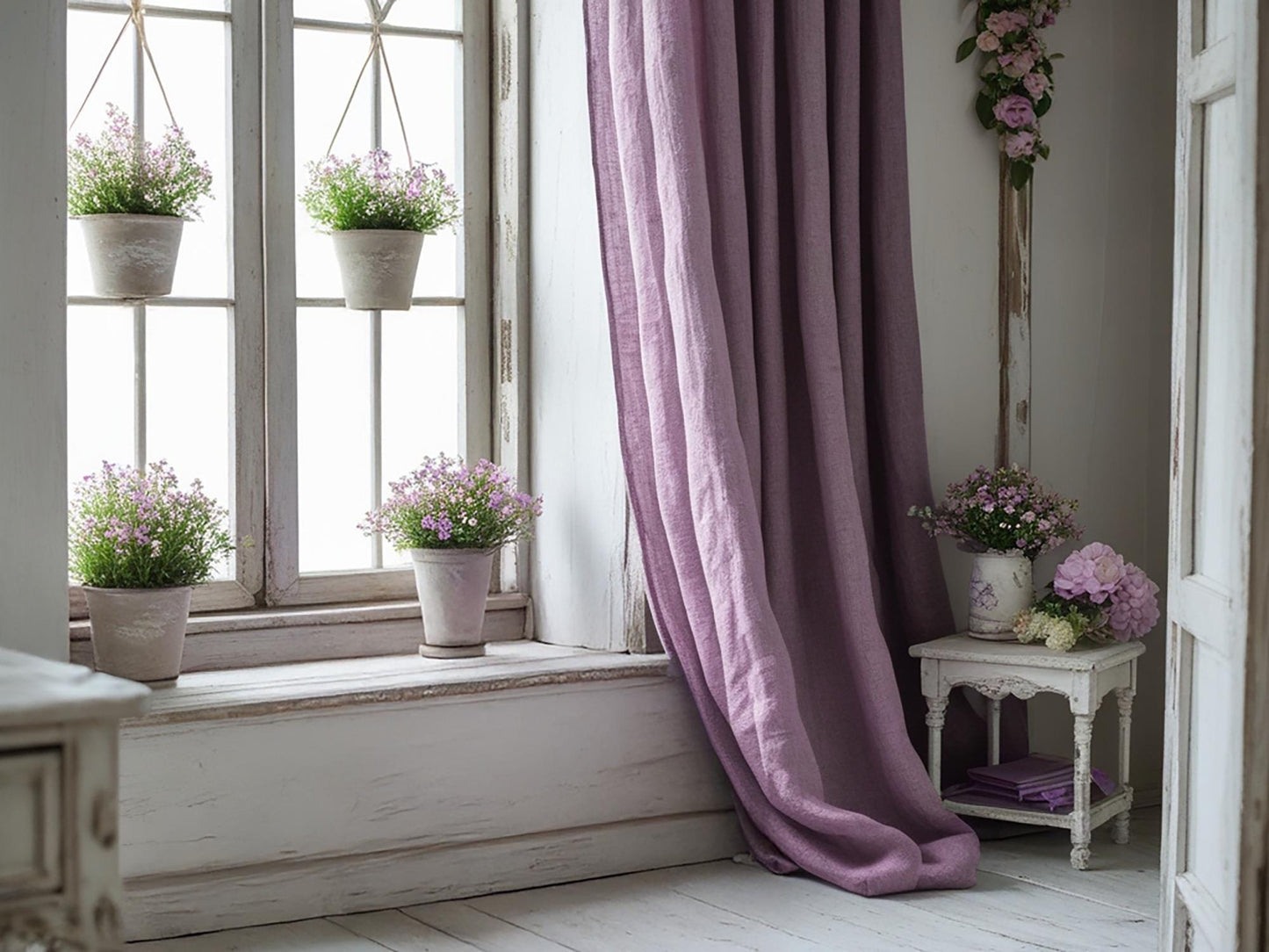Amethyst linen curtain Rustic Natural Drapes pair blackout or regular, medium-weight, with optional cotton lining, custom sizing available