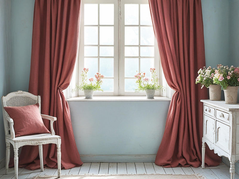 Coral linen curtain Rustic Natural Drapes pair blackout or regular, medium-weight, with optional cotton lining, custom sizing available