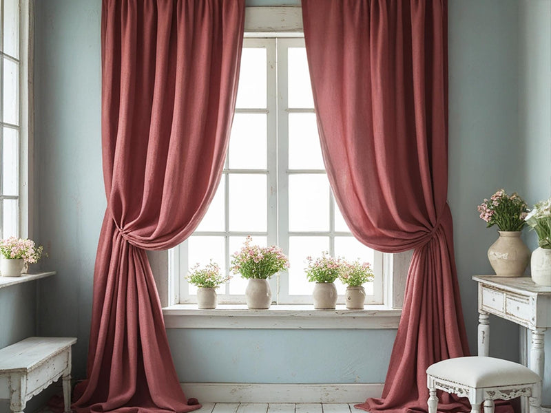 Coral linen curtain Rustic Natural Drapes pair blackout or regular, medium-weight, with optional cotton lining, custom sizing available
