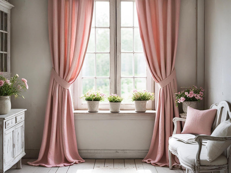 Peach linen curtain Rustic Natural Drapes pair blackout or regular, medium-weight, with optional cotton lining, custom sizing available