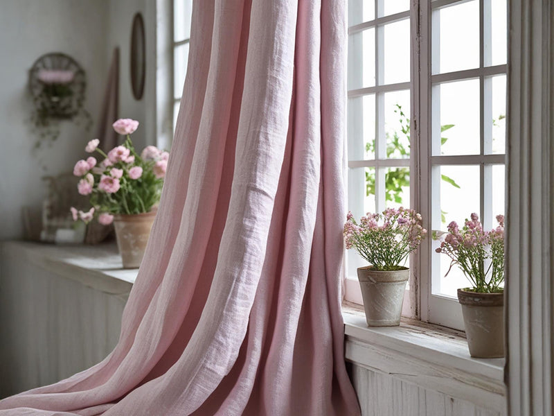 Pastel pink linen curtain Rustic Natural Drapes pair blackout or regular,, with optional cotton lining, custom sizing available