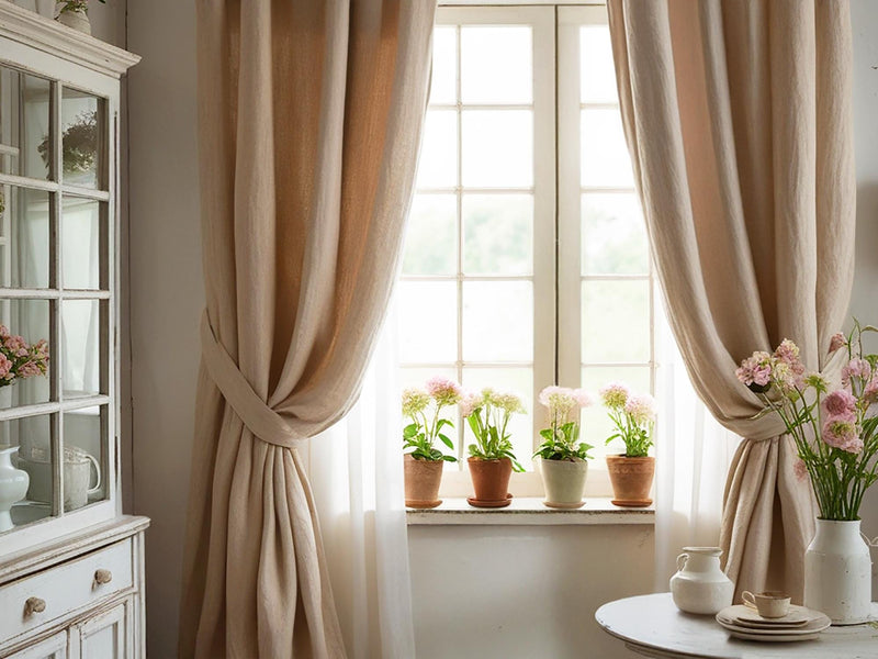 Caramel linen curtain Rustic Natural Drapes pair blackout or regular, medium-weight, with optional cotton lining, custom sizing available