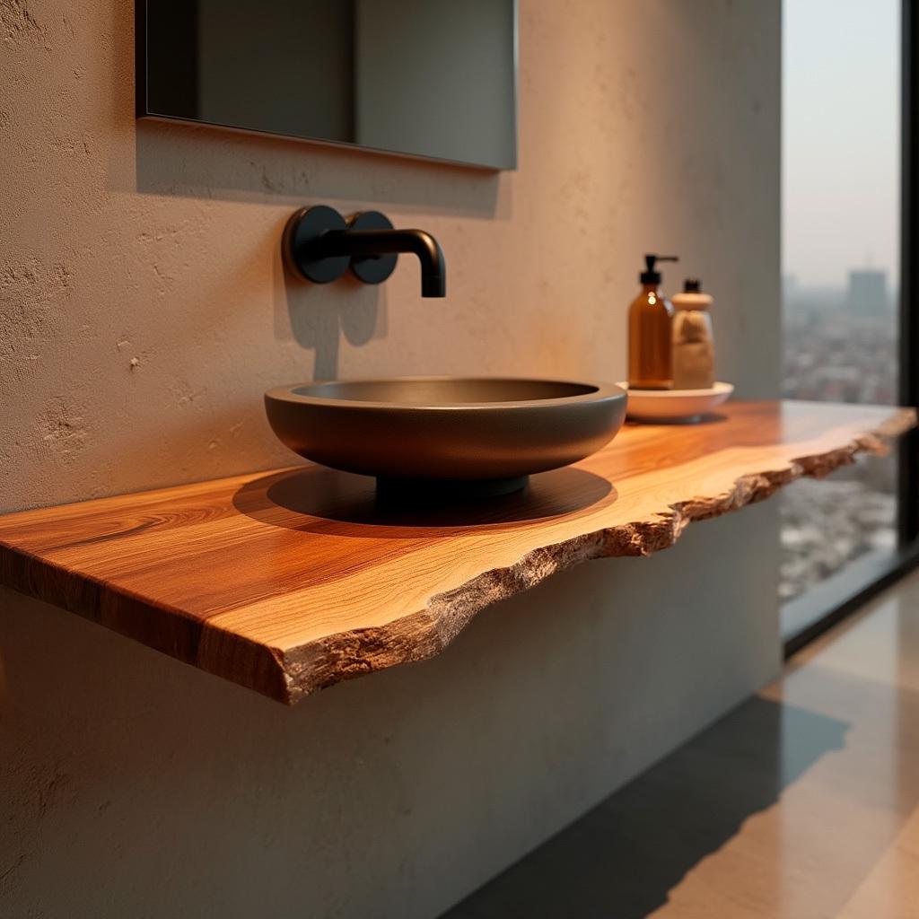Rustic Floating Vanity with Live Edge Shelf, Custom Handmade Reclaimed Wood Sink Cabinet, Wall Mounted Solid Wood Bathroom Vanity