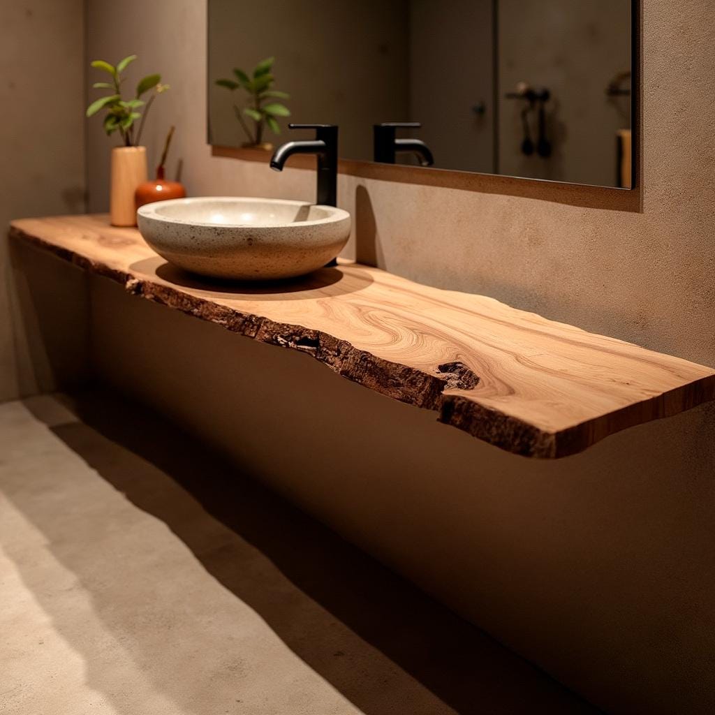 Rustic Floating Vanity with Live Edge Shelf, Custom Handmade Reclaimed Wood Sink Cabinet, Wall Mounted Solid Wood Bathroom Vanity