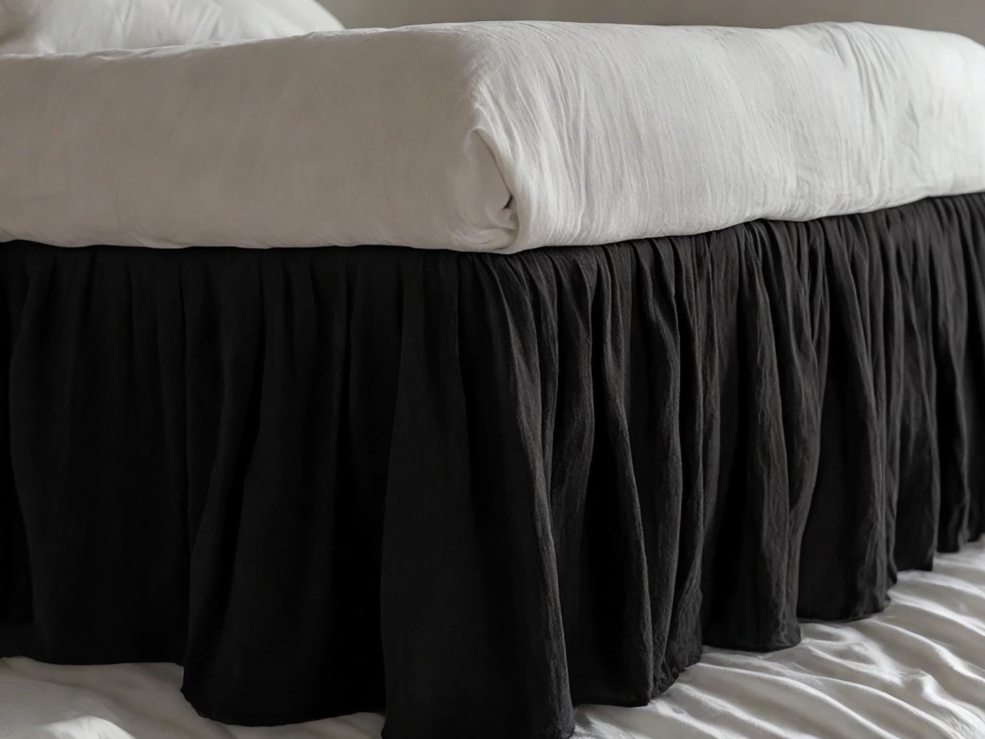 Black linen ruffled bed skirt Soft Gathered Dust Ruffle Linen Dust Ruffle with Soft Gathered Edges