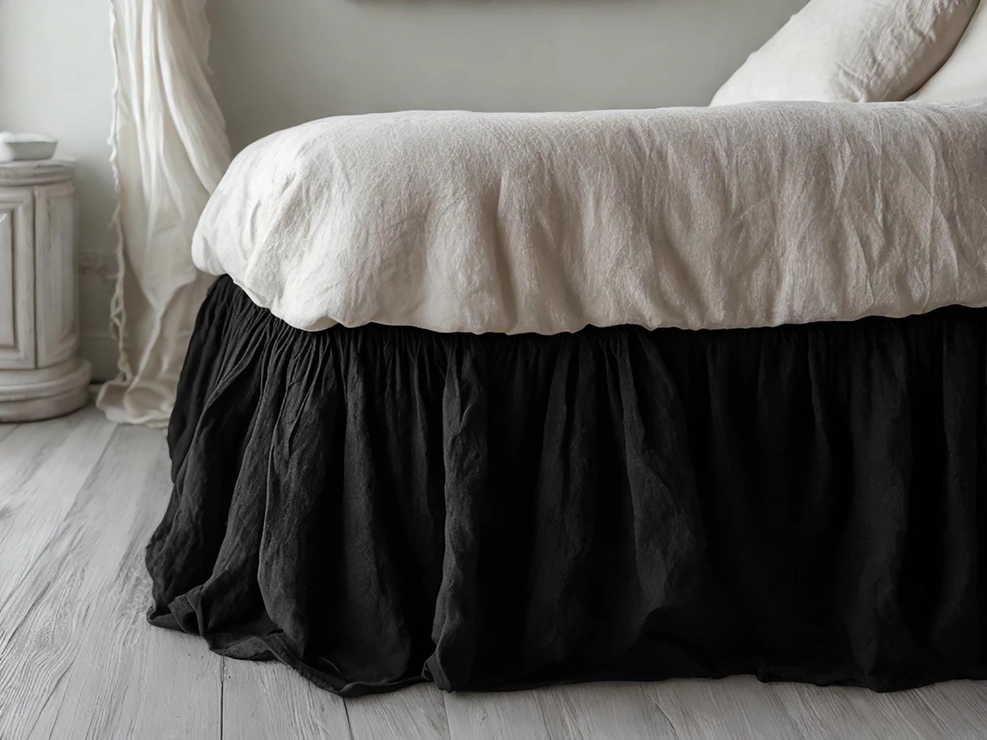 Black linen ruffled bed skirt Soft Gathered Dust Ruffle Linen Dust Ruffle with Soft Gathered Edges