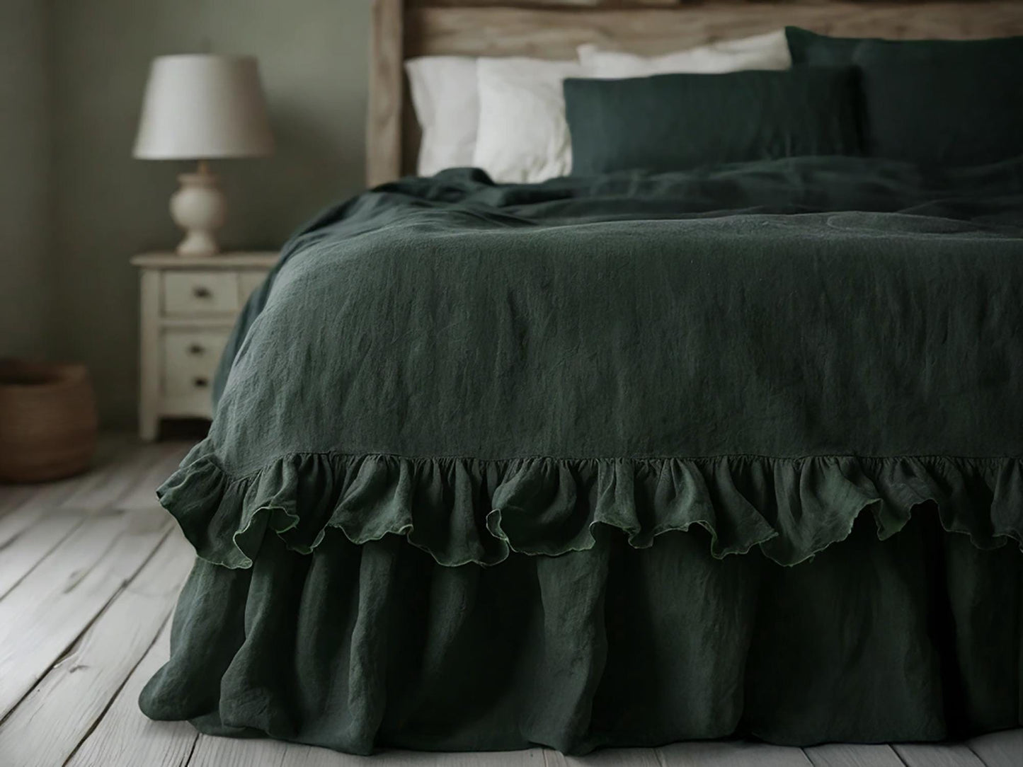 Charcoal green linen ruffled bed skirt Soft Gathered Dust Ruffle Linen Dust Ruffle with Soft Gathered Edges