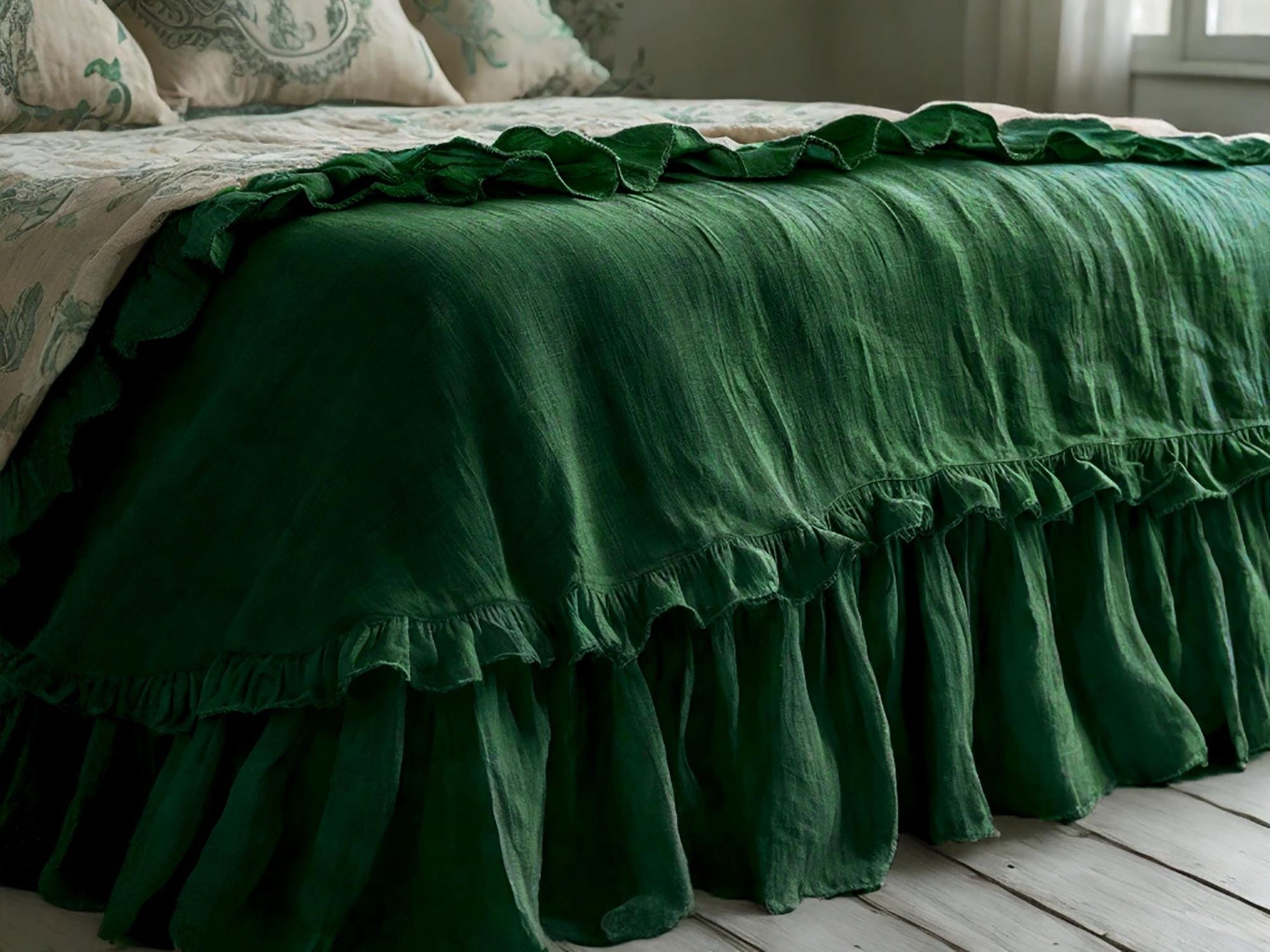 Verdant linen ruffled bed skirt Soft Gathered Dust Ruffle Linen Dust Ruffle with Soft Gathered Edges