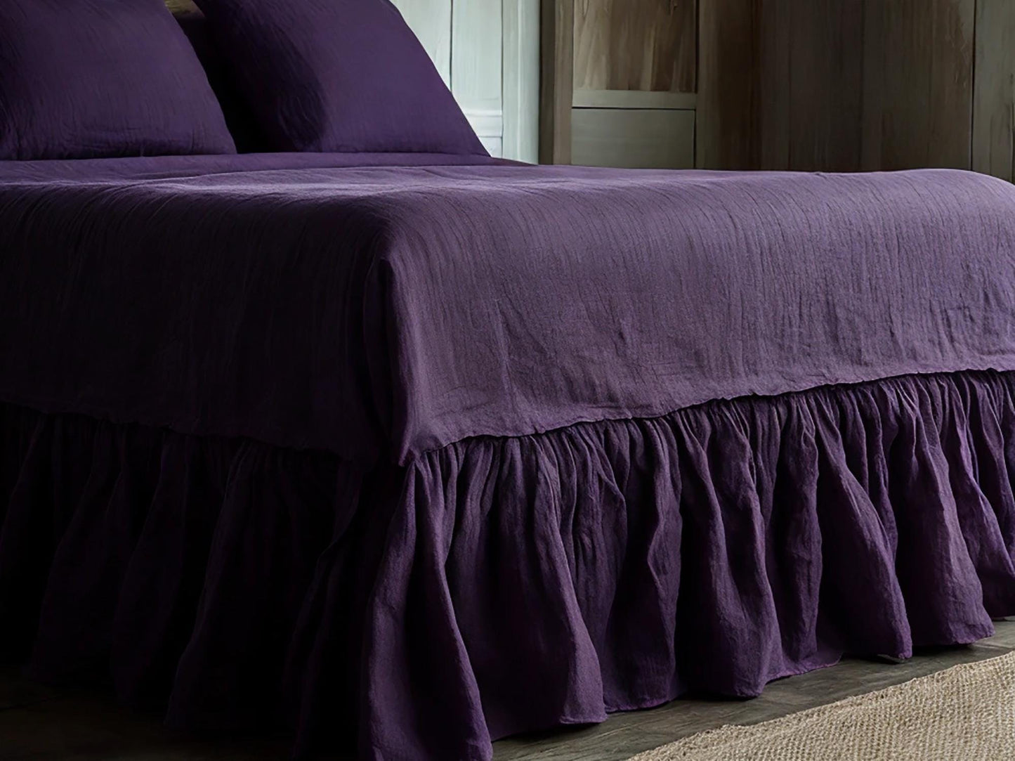 Violet linen ruffled bed skirt Soft Gathered Dust Ruffle Linen Dust Ruffle with Soft Gathered Edges