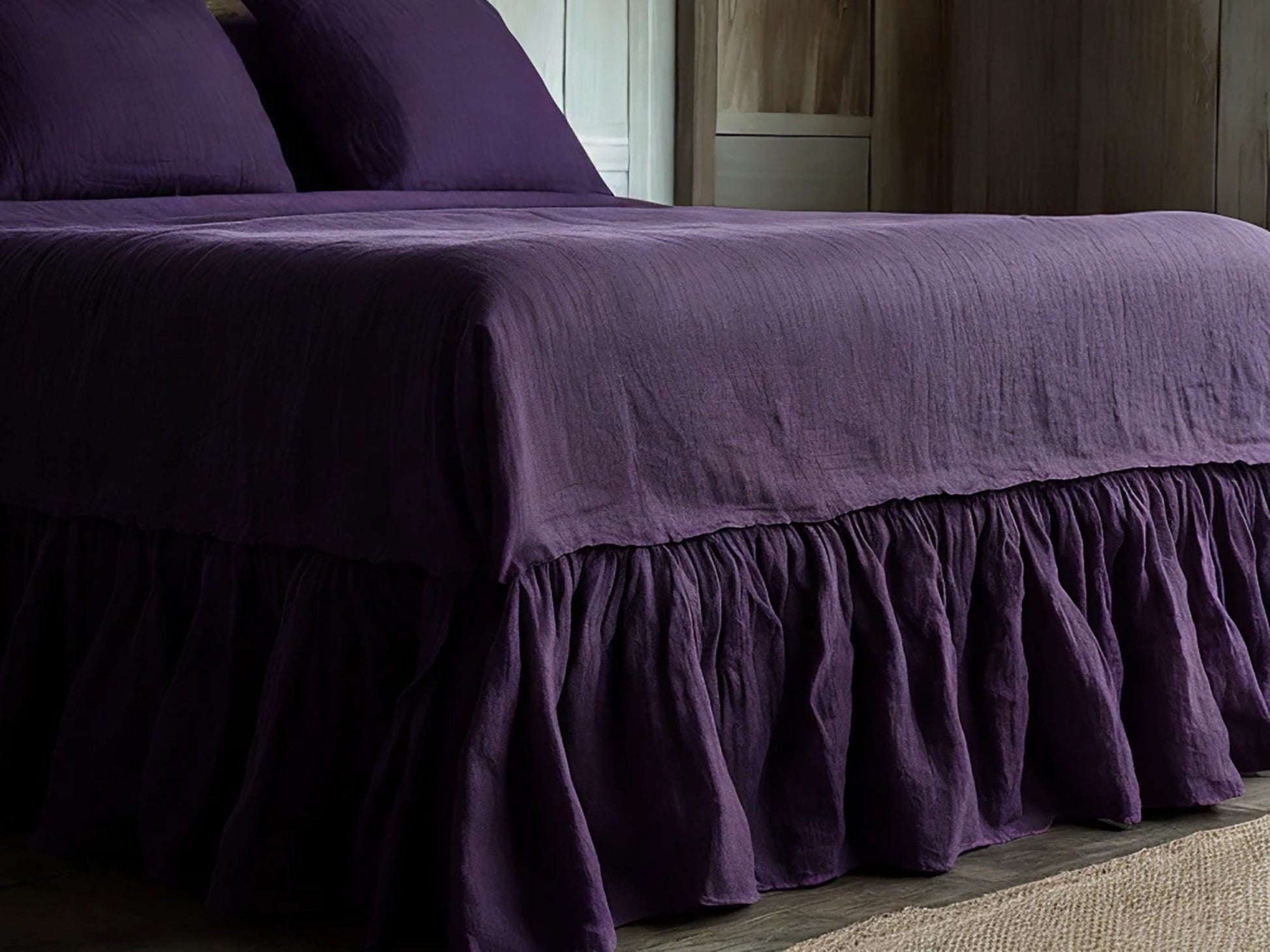 Violet linen ruffled bed skirt Soft Gathered Dust Ruffle Linen Dust Ruffle with Soft Gathered Edges