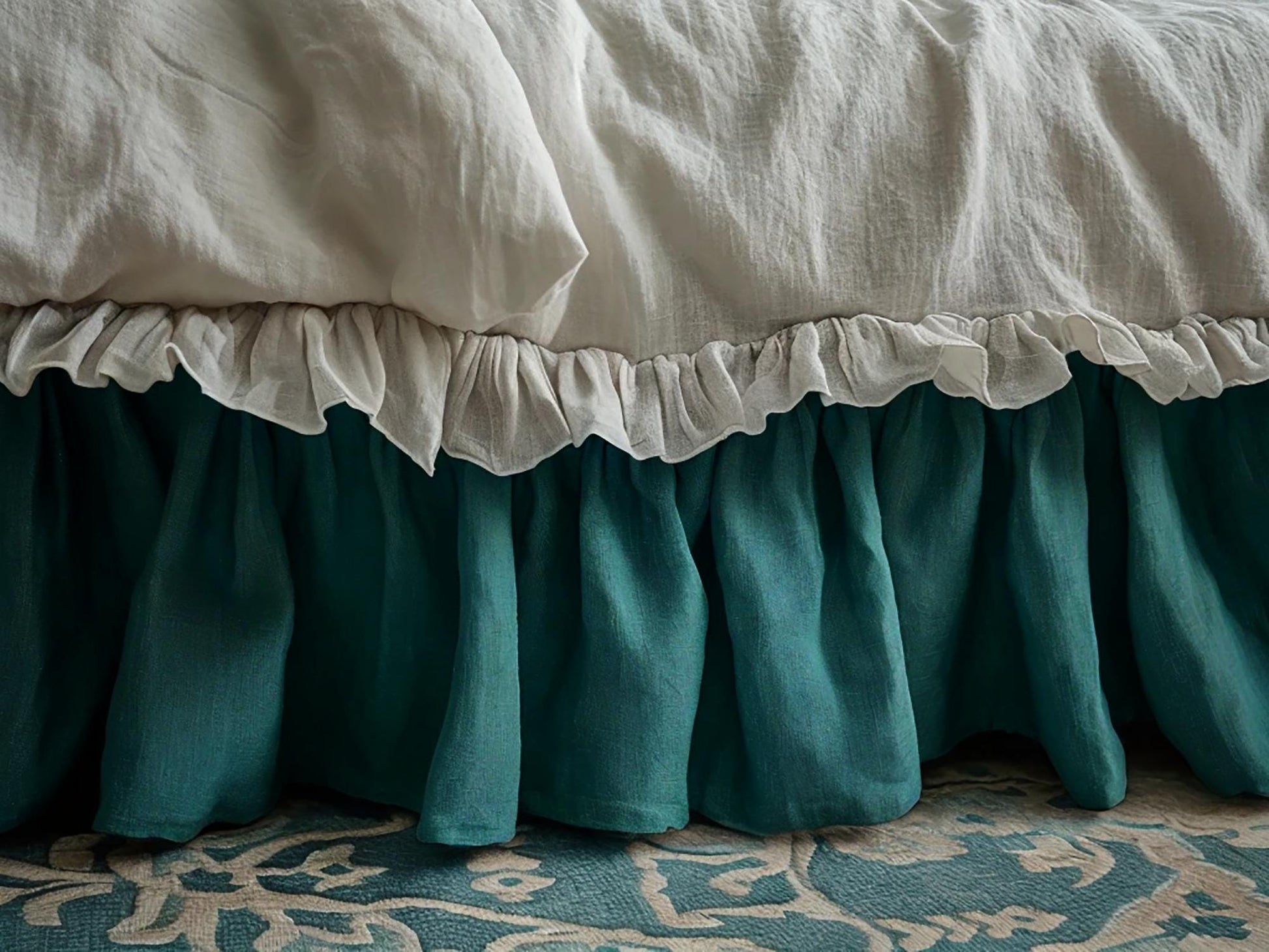 Teal linen ruffled bed skirt Soft Gathered Dust Ruffle Linen Dust Ruffle with Soft Gathered Edges