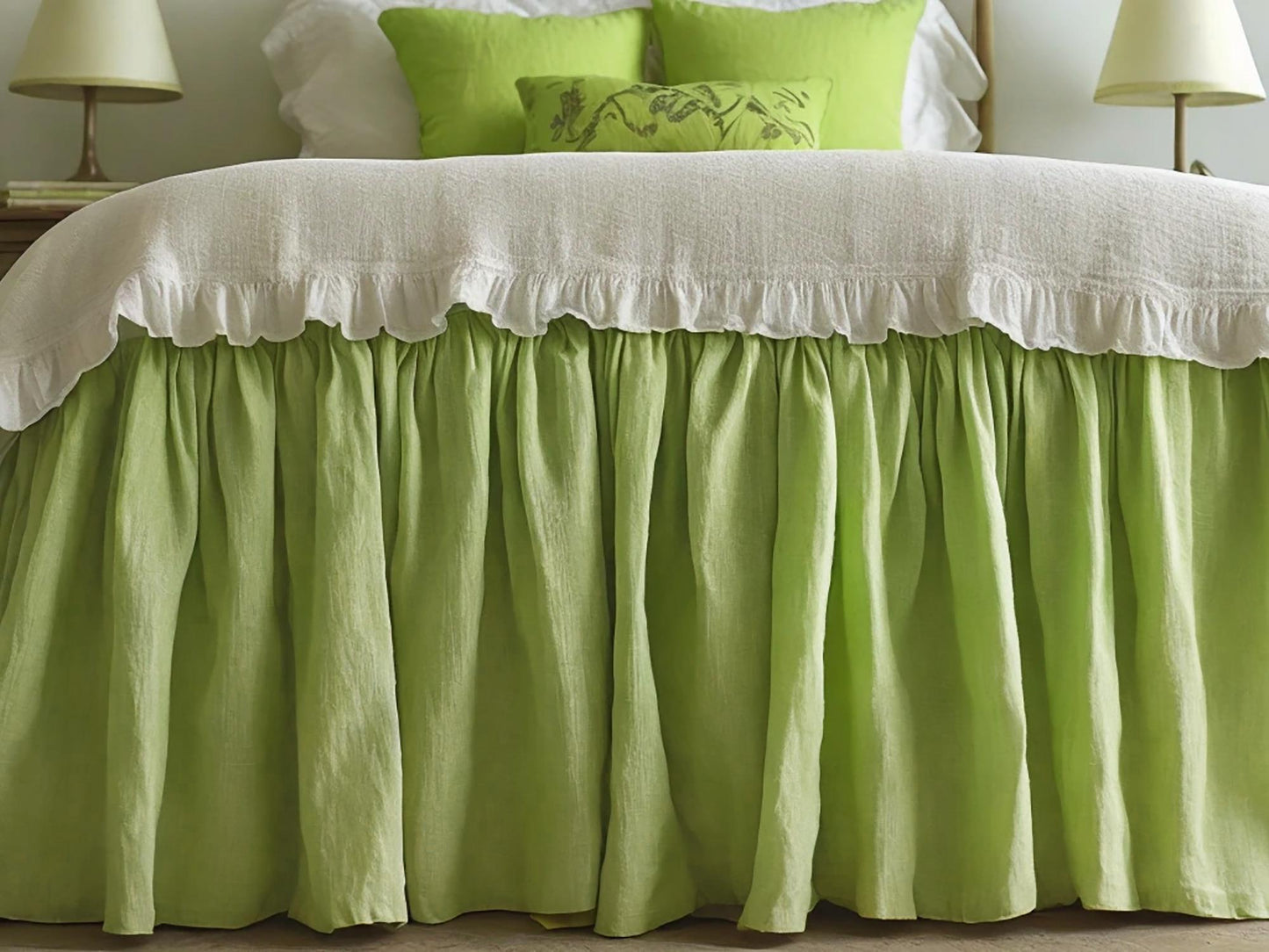 Lime linen ruffled bed skirt Soft Gathered Dust Ruffle Linen Dust Ruffle with Soft Gathered Edges