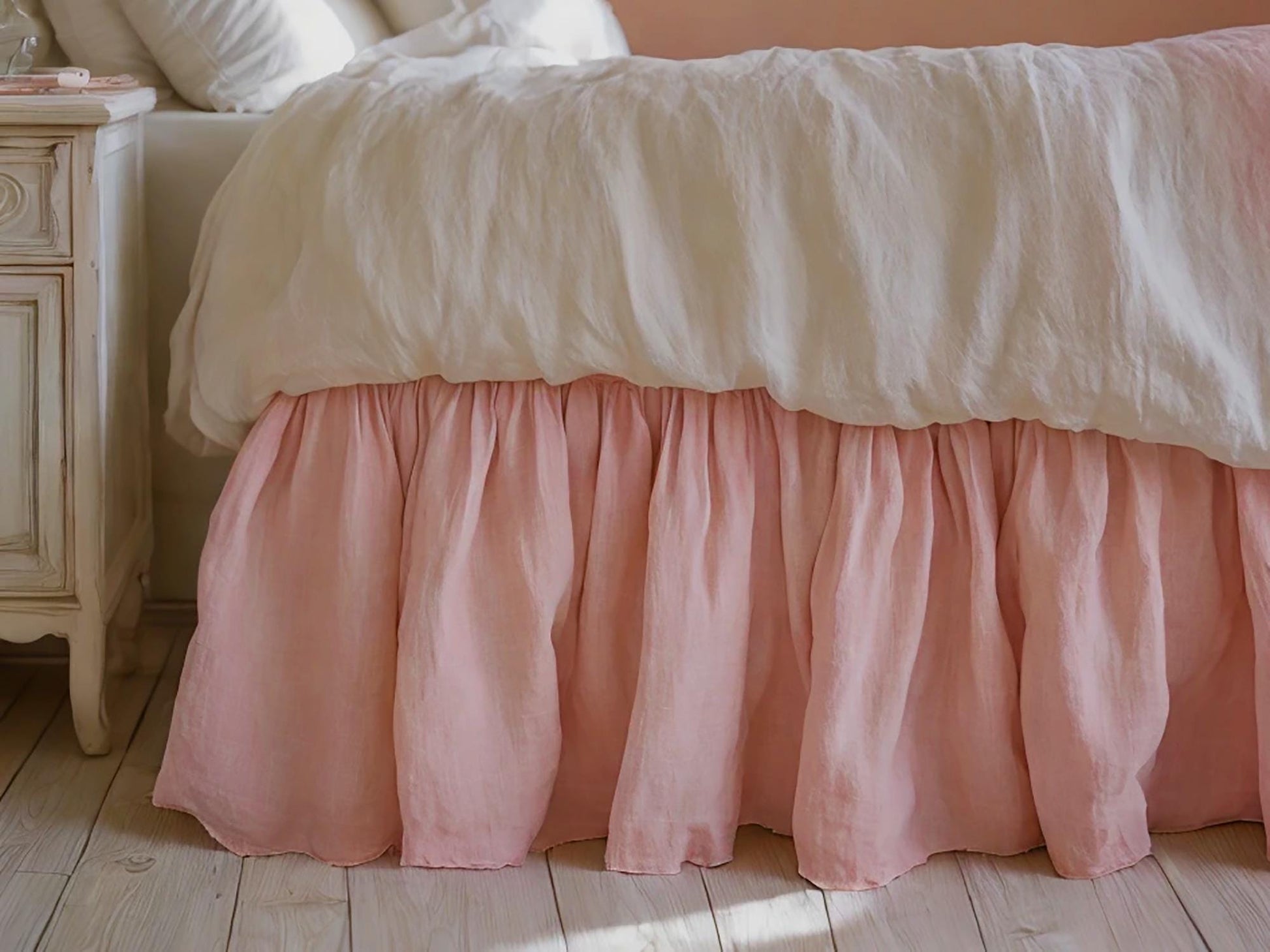 Peach linen ruffled bed skirt Soft Gathered Dust Ruffle Linen Dust Ruffle with Soft Gathered Edges
