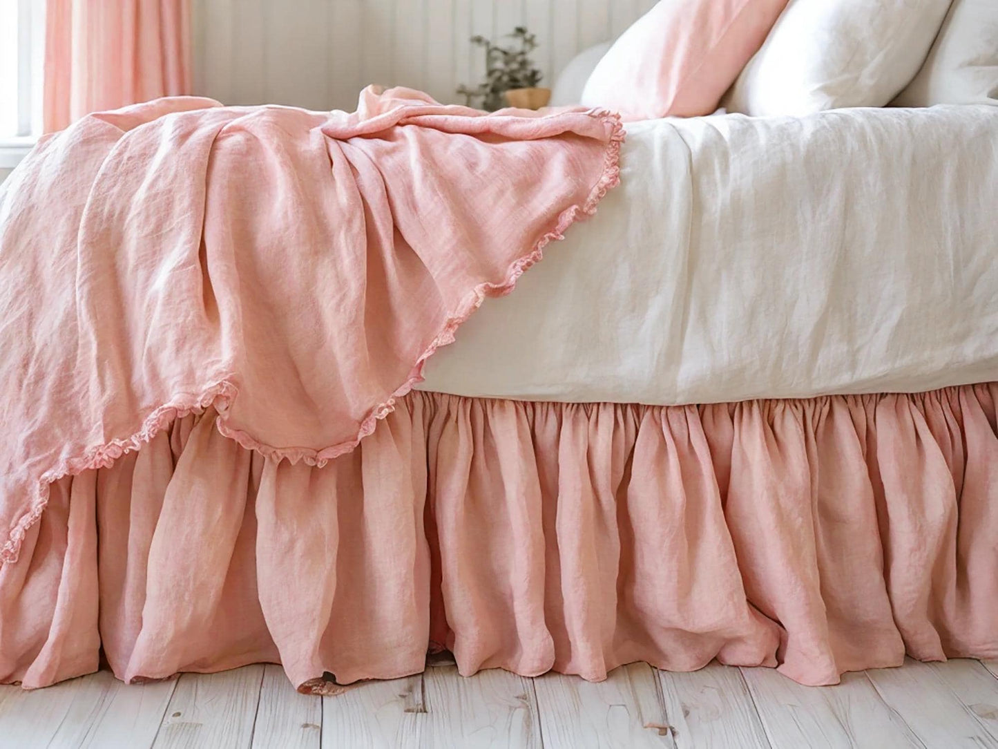 Peach linen ruffled bed skirt Soft Gathered Dust Ruffle Linen Dust Ruffle with Soft Gathered Edges
