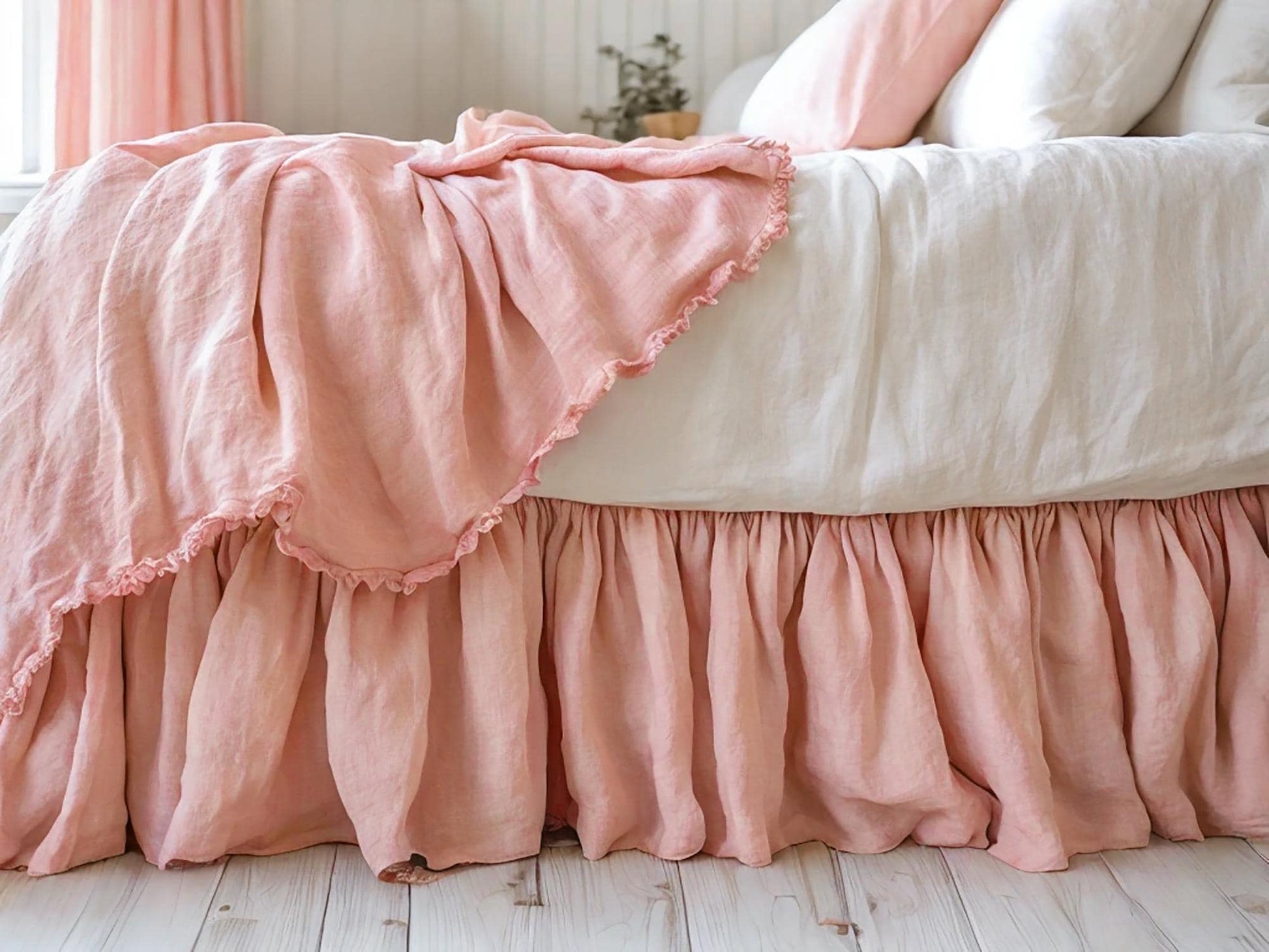 Peach linen ruffled bed skirt Soft Gathered Dust Ruffle Linen Dust Ruffle with Soft Gathered Edges