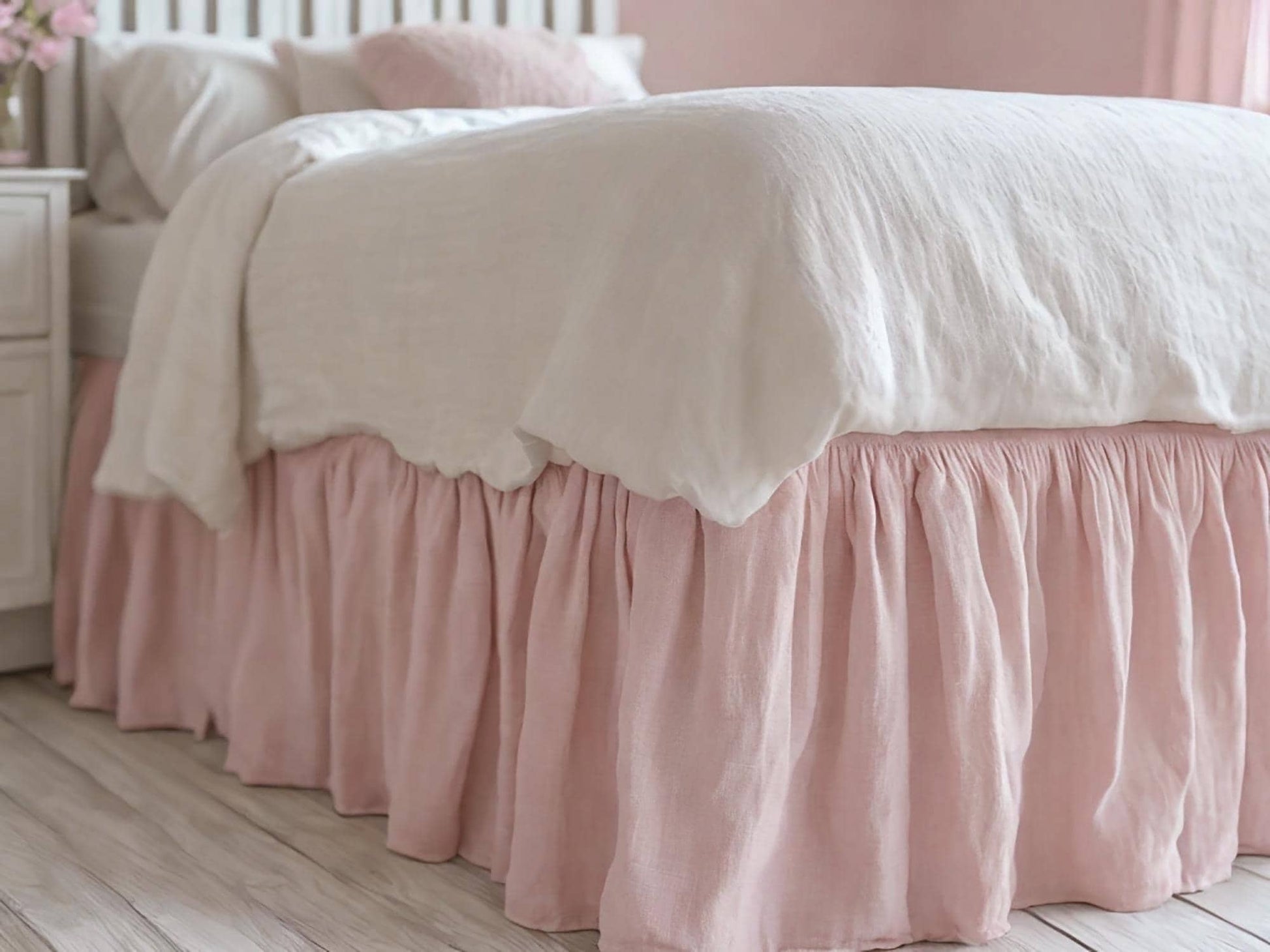 Pastel pink linen ruffled bed skirt Soft Gathered Dust Ruffle Linen Dust Ruffle with Soft Gathered Edges